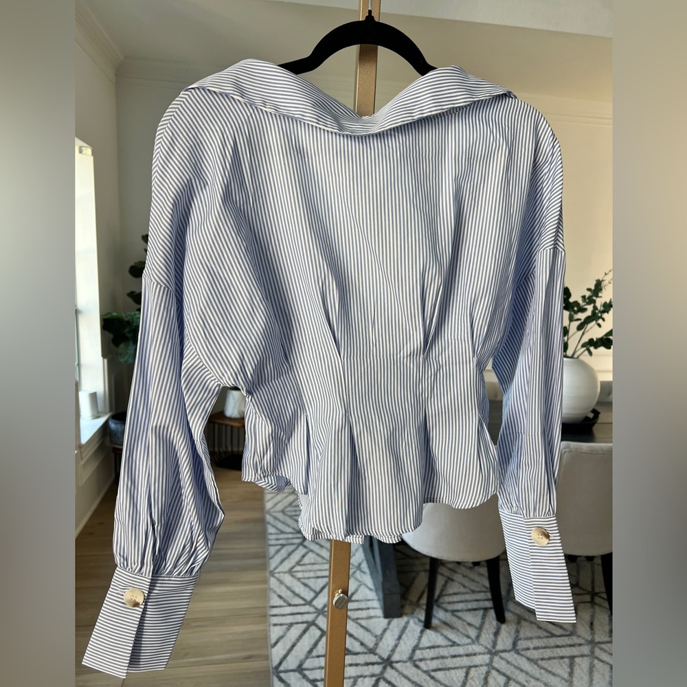 COMMENSE Blue & White Striped Collared Shirt – Waist-Cinching Design – XS – NWT - Picture 8 of 11